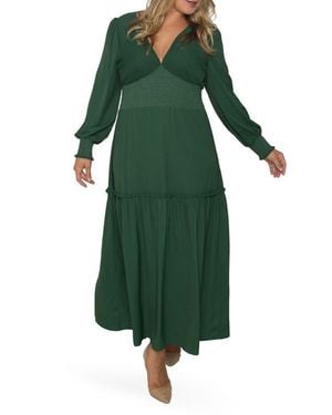 Standards & Practices Floral Smock Waist Long Sleeve Georgette Maxi Dress - Green
