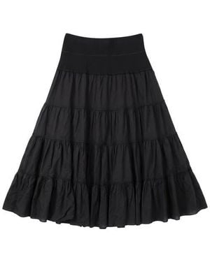 Red Myth Tiered Gauze Rib Elastic Waistband Midi Skirt - Black