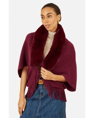 Yumi' Faux Fur Collar Tassel Hem Shrug - Red