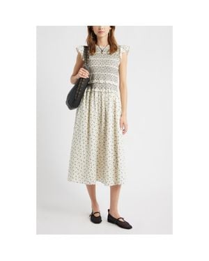 Treasure & Bond Smocked Bodice Tie Back Cotton Midi Dress - Multicolor