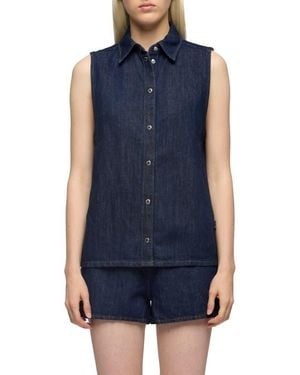 7 For All Mankind Sleeveless Cotton & Linen Denim Snap-Up Shirt - Blue