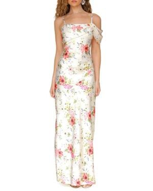 Avec Les Filles Floral Print Asymmetric Satin Maxi Dress - White