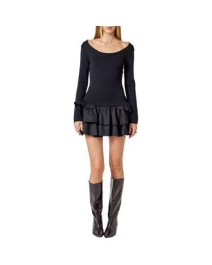 Endless Rose Mixed Media Long Sleeve Minidress - Black