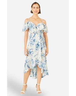 Yumi' Floral Print Bardot Midi Dress - Blue