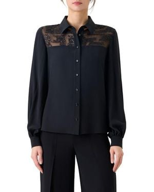 Akris Sequin Yoke Silk Crepe Button-Up Shirt - Blue