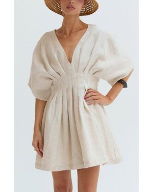 Crescent Pleated Linen Mini Dress - Natural