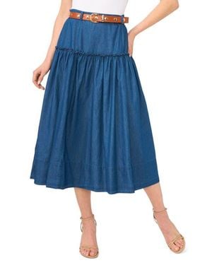 Cece Tiered Belted Denim Midi Skirt - Blue