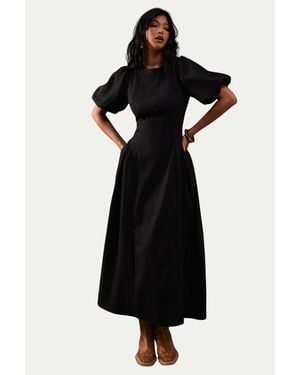 Warehouse Seersucker Puff Sleeve Midi Dress - Black