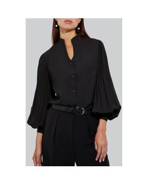 Misook Balloon Sleeve Stand Collar Button-Up Shirt - Black