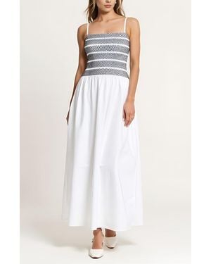 Modenaire Smocked Bodice A-Line Maxi Dress With Gathered Skirt - White