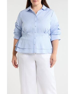 Wit & Wisdom Pinstripe Button-Up Tiered Peplum Shirt - Blue
