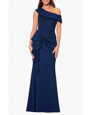 Xscape Evenings Ruffle One-Shoulder Scuba Knit Gown - Blue