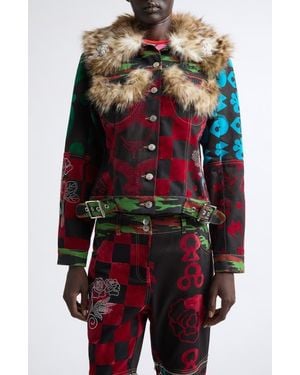 Chopova Lowena Faux Fur Trim Patchwork Denim Jacket - Red