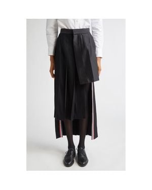 Thom Browne Pleated Asymmetric Mixed Media Wrap Skirt - Black