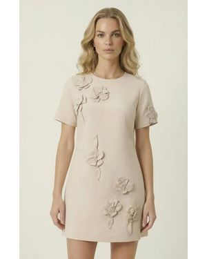 Modenaire Floral Appliqué Mini Shift Dress - Natural