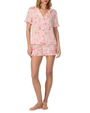 Room Service Pjs Print Ruffle Trim Short Pajamas - Pink