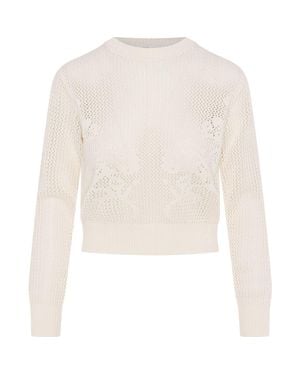Club Malibu Crochet Design Cropped Ribbed Trim Sweater - White
