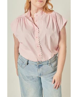 English Factory Ric Rac Scalloped Short Sleeve Cotton Blouse - Blue