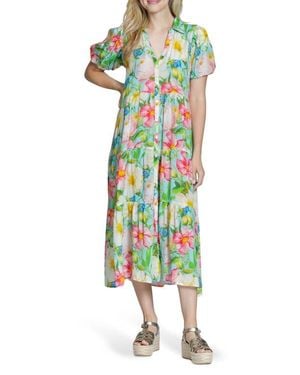 Apny Puff Sleeve Tiered Shirtdress - Green
