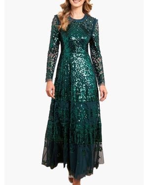 Needle & Thread Aurora Long Sleeve Round Neck Gown - Green