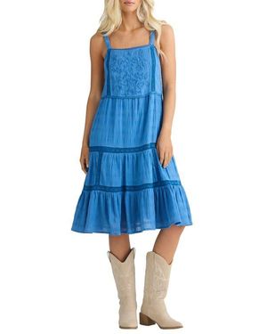 Talisman the Label Aurora Floral Embroidered Lace Trim Tiered Midi Dress - Blue