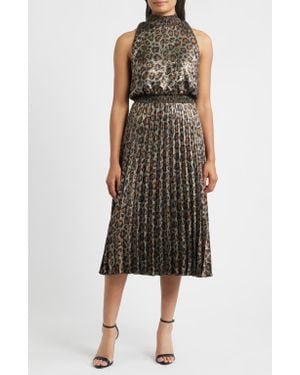 Sam Edelman Animal Metallic Pleated Sleeveless Midi Dress - Multicolor