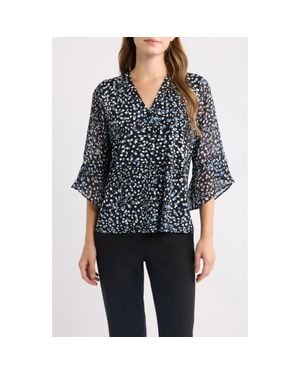 Anne Klein Print Mixed Media Split Neck Top - Black