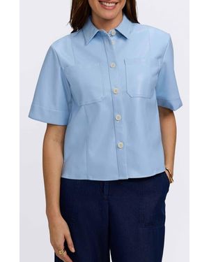 Foxcroft Demi Elbow Sleeve Faux Leather Button-Up Shirt - Blue