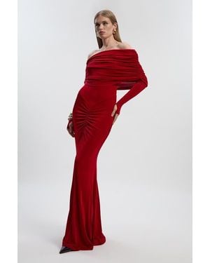 Karen Millen Ruched Off Shoulder Fishtail Maxi Dress - Red