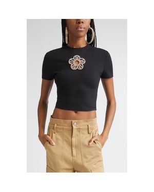 Area Crystal Flower Cutout Crop T-Shirt - Blue