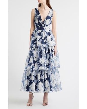 Lulus Vallia Floral Tiered Gown - Blue