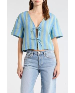 STAUD Ava Stripe Tie Front Linen Top - Blue