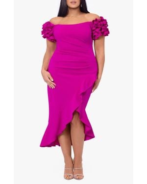 Xscape Evenings Pleated Ruffle Off The Shoulder Midi Dress - Pink