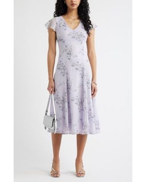Open Edit Short Sleeve Godet Pleat Dress - Purple