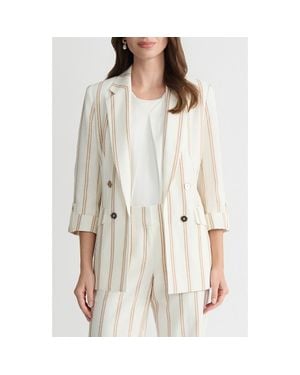 Kasper Stripe Roll Sleeve Open Front Blazer - White