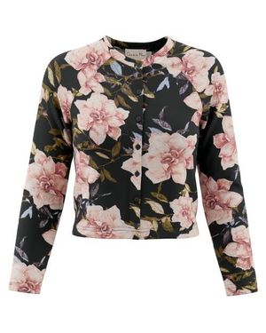 Coco de la Mour Floral Crew Neck Button Front Cardigan Top - Gray