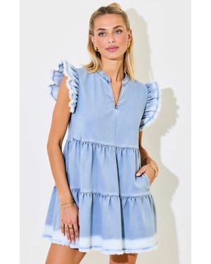 Modenaire Tiered Denim Ruffle-Sleeve Frayed-Hem Mini Dress - Blue