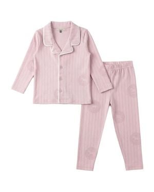 Fragile Lapel Pajama Set, Collared Button Up Top And Elastic Waist Pants - Pink