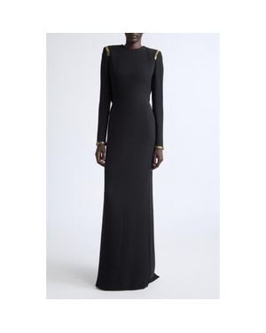 Tom Ford Chainmail Trim Long Sleeve Silk Evening Dress - Black