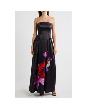 Eliza J Placed Floral Strapless Satin Ballgown - Black