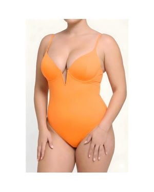 Popilush Plunging V Built-In Shapewear Low Back One-Piece Swimsuit - Orange