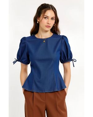 Modenaire Denim Puff Sleeve Top - Blue