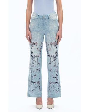 Bayeas Crystal Embroidered Raw Hem High Waist Relaxed Straight Leg Jeans - Blue