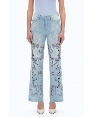 Bayeas Crystal Embroidered Raw Hem High Waist Relaxed Straight Leg Jeans - Blue