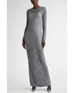 St. John Sequin Long Sleeve Mesh Knit Gown - Gray