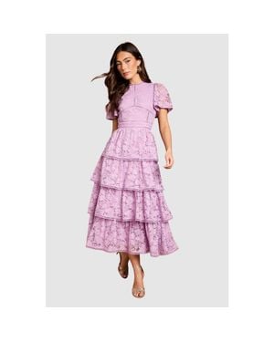 Coast Tiered Lace Flutter Sleeve Midi Dress - Purple