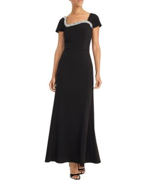 Maggy London Rhinestone Trim Short Sleeve Gown - Black