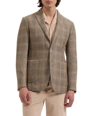 Bugatchi Windowpane Check Cotton & Linen Blazer - Brown
