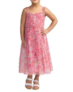 Mac Duggal Girls Mesh V-Neck Floral Print Mini Dress - Pink