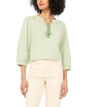 Vince Camuto Print Tie Neck Cotton Peasant Top - Natural